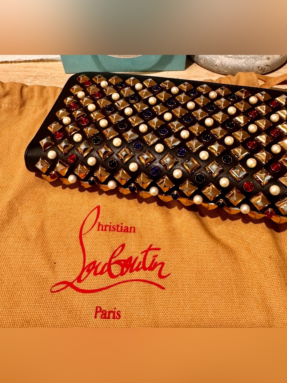Christian Louboutin Black Studded Clutch with Pearl & Jewel Accents